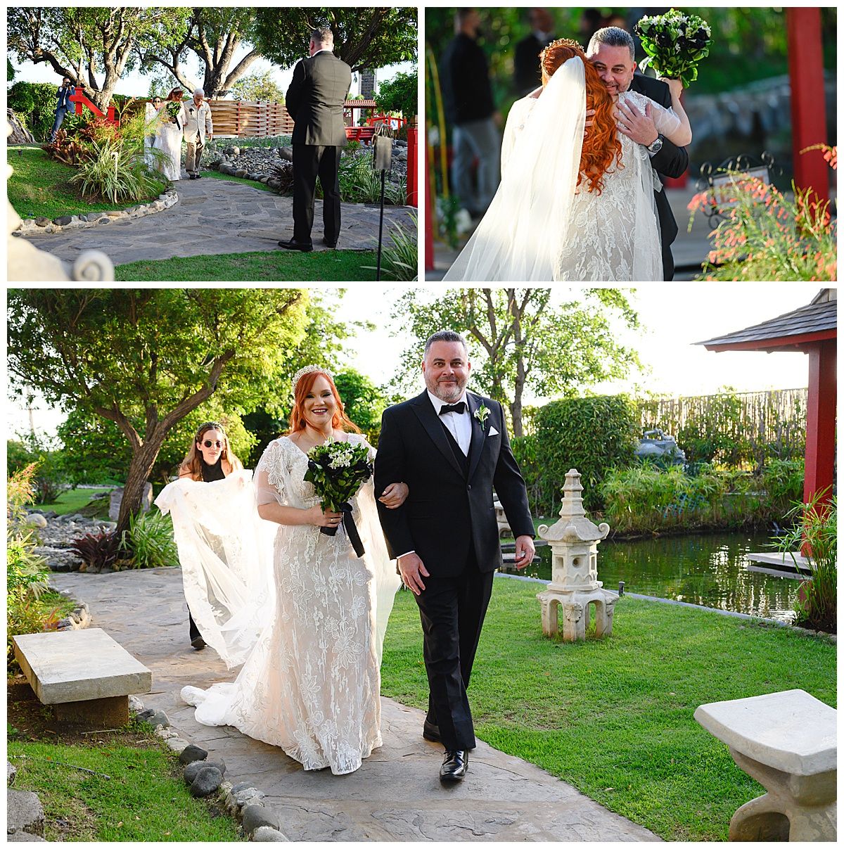 Collage of bride and groom sharing first look and walking together in lush garden venue.