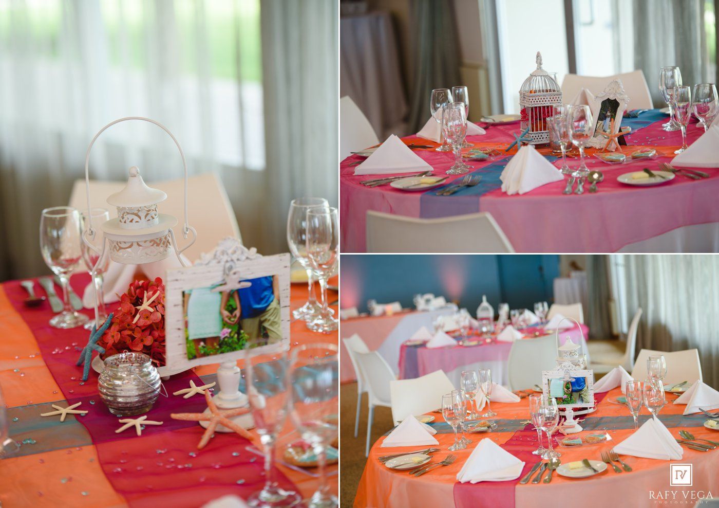Elegant wedding reception tables decorated with pink runners, starfish, white napkins, and crystal glassware in a bright venue.