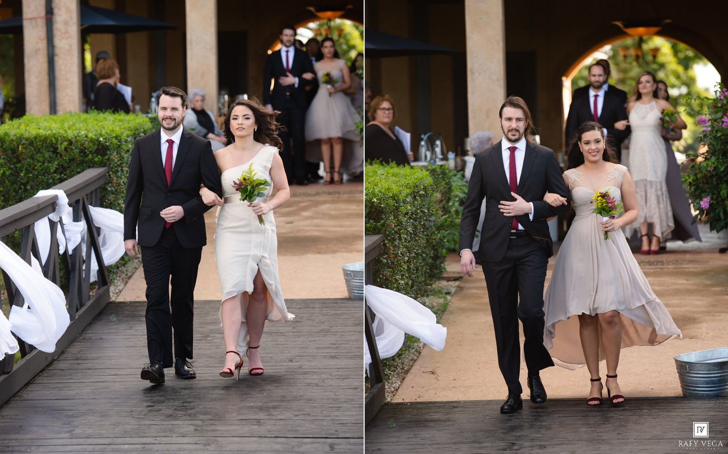 Bride and groom walk down outdoor wedding aisle with bridesmaids and groomsmen following in elegant attire.