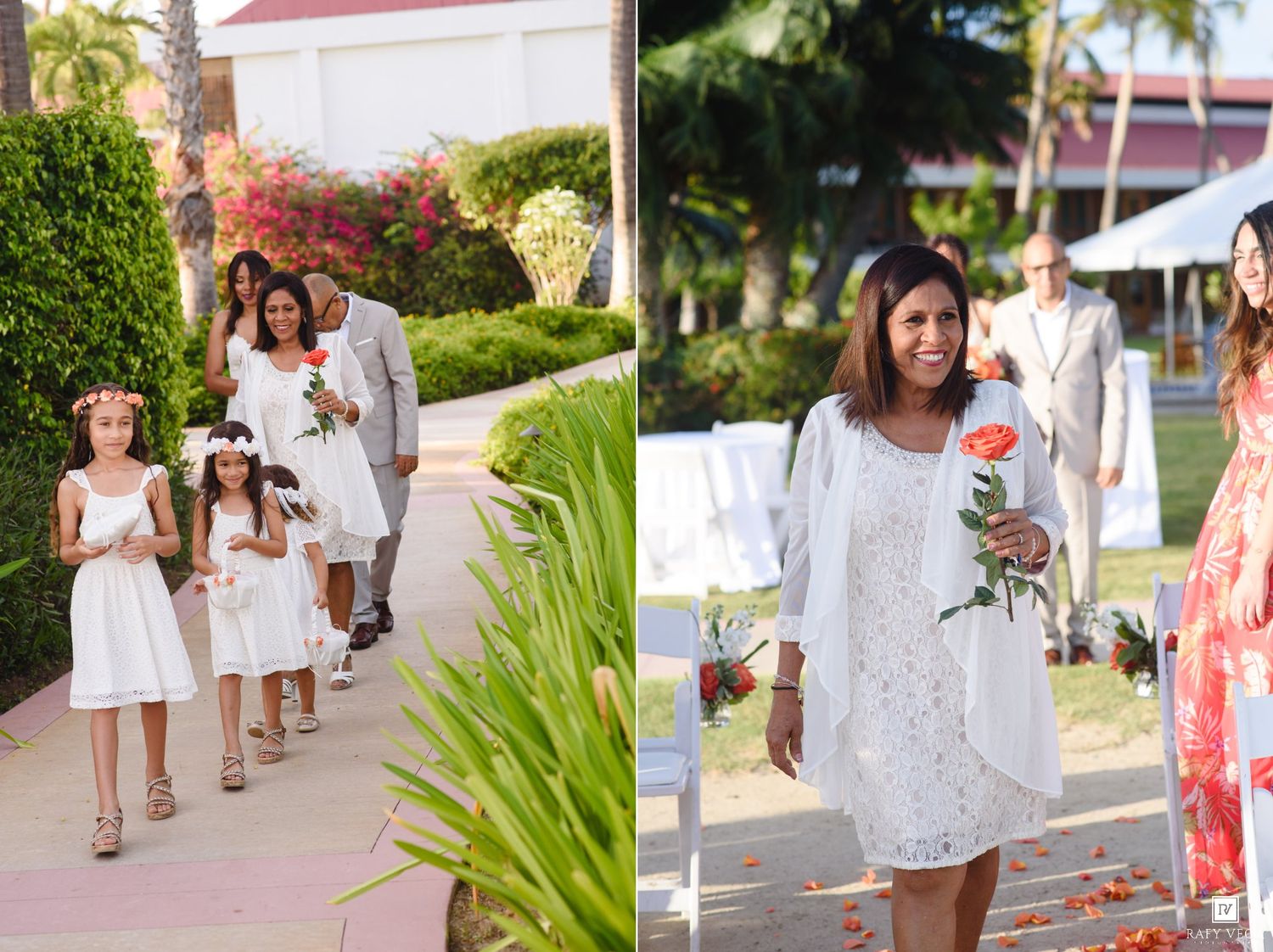Bride walks down outdoor aisle with flower girls in white dresses at a tropical wedding ceremony.