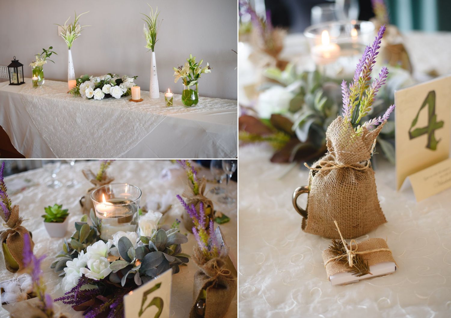 Rustic wedding table decorations featuring burlap sacks, lavender flowers, candles, and white blooms on linen-covered tables.