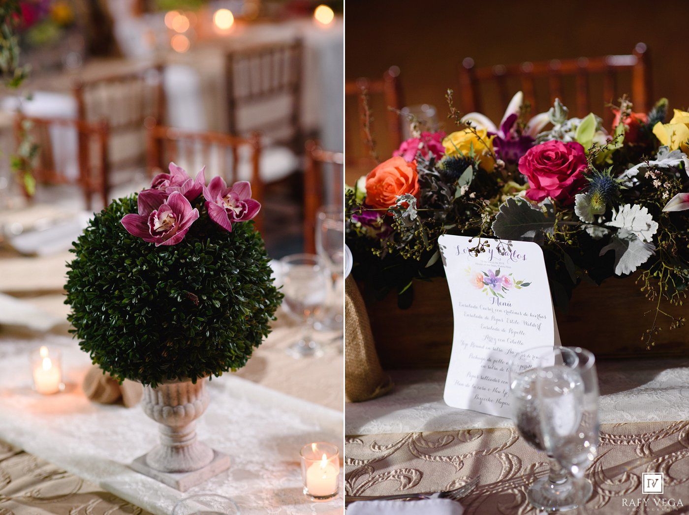 Elegant wedding reception centerpieces featuring pink orchids on boxwood topiary and colorful floral arrangements with candles.