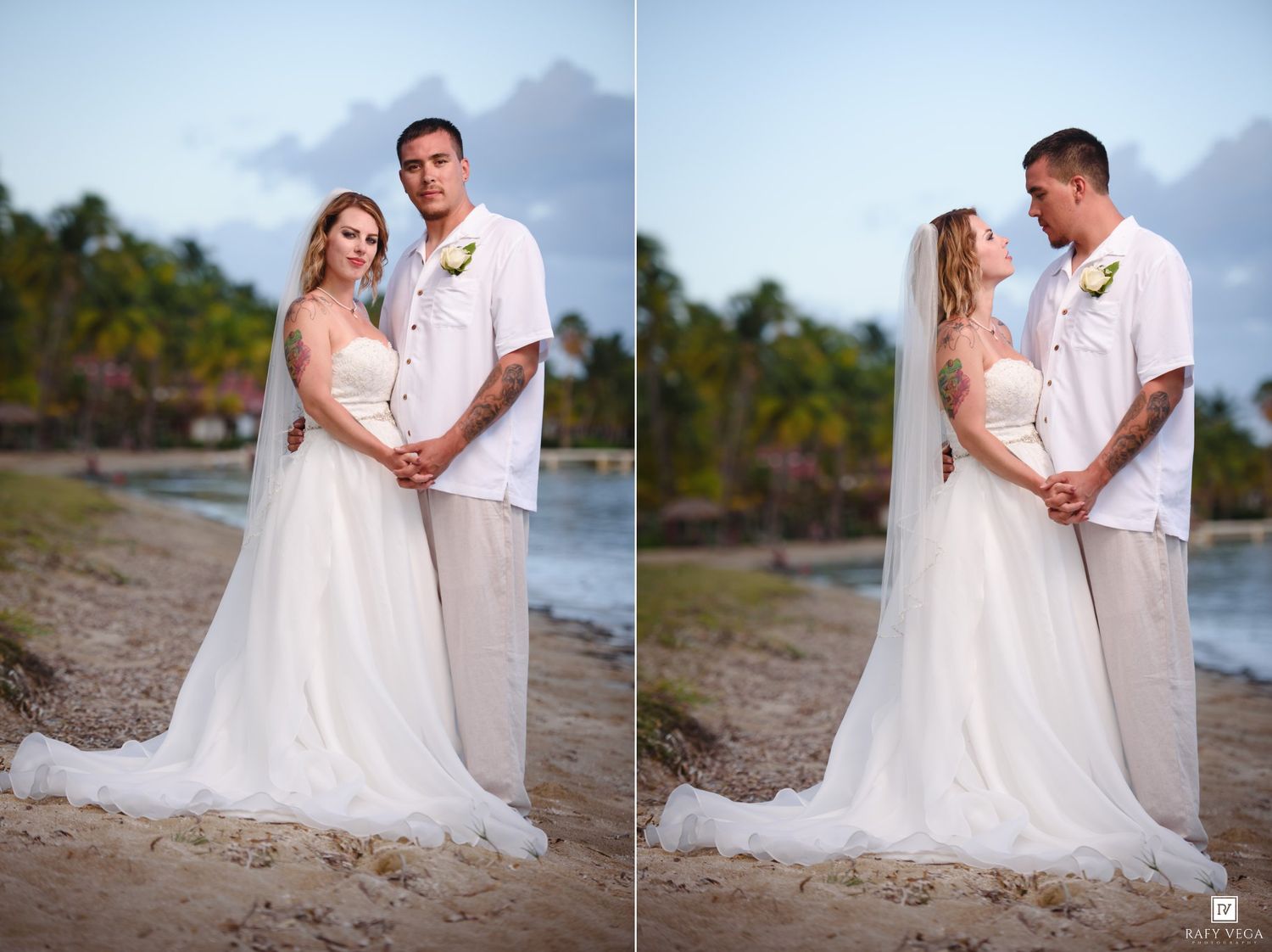 Bride and groom posing together on a tropical beach in wedding attire, with palm trees and ocean in the background.