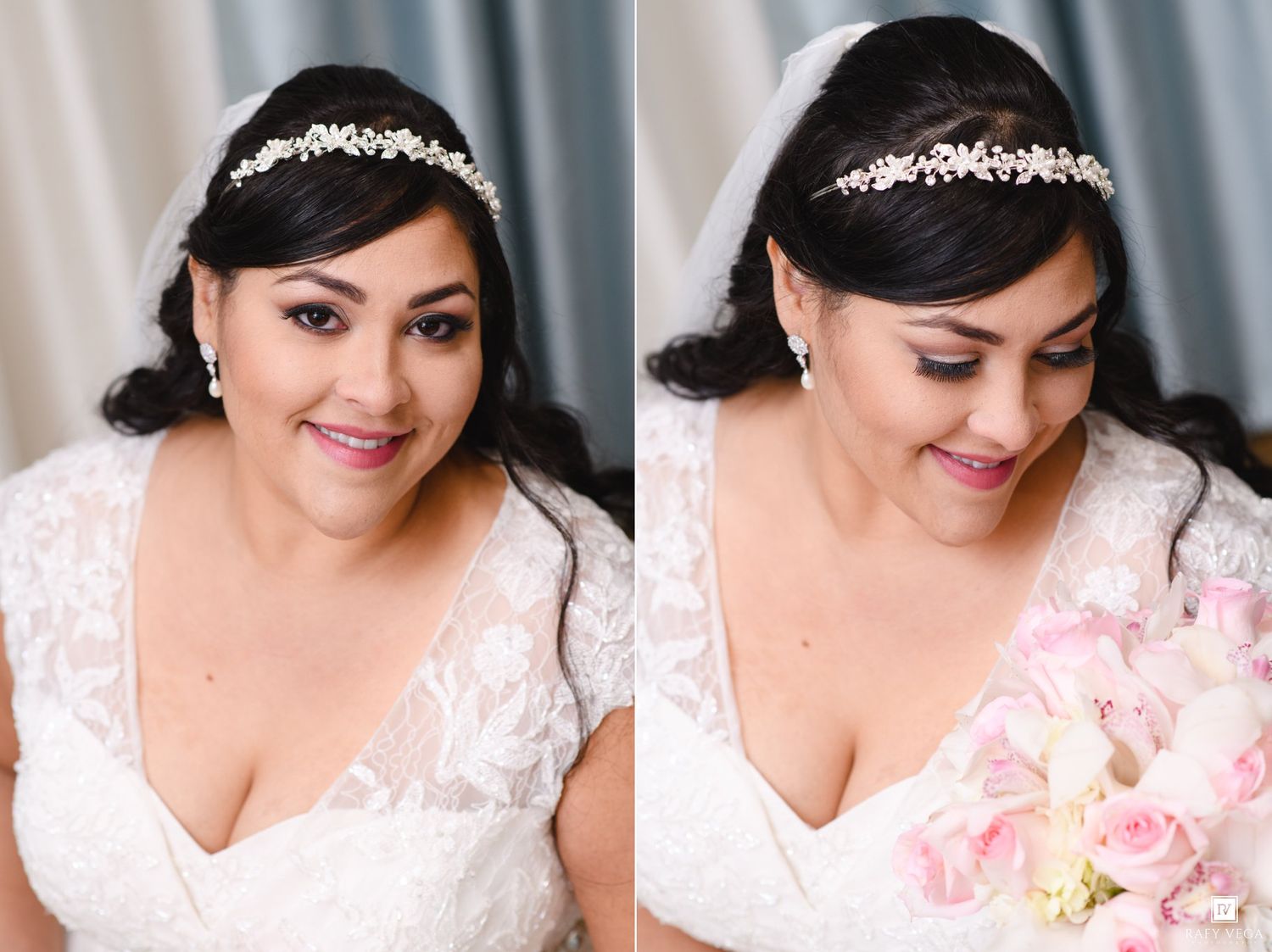 Bride wearing lace gown and floral headband holds pink roses bouquet in a elegant wedding portrait.