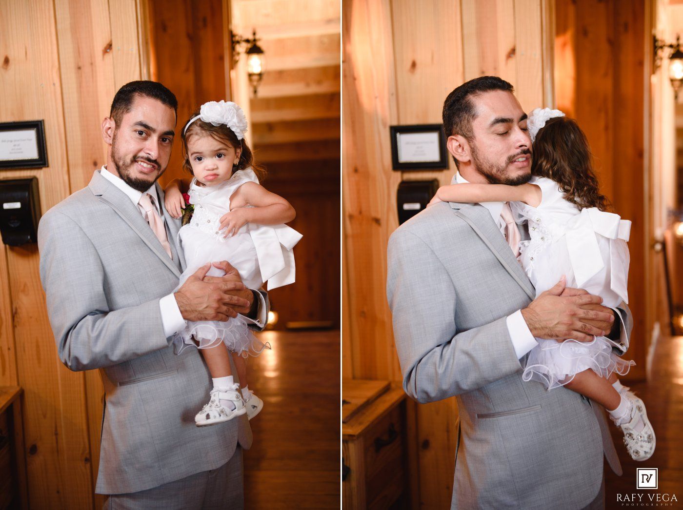 Man in gray suit holds baby girl in white dress at indoor ceremony, with a warm hug captured in two side-by-side photos.