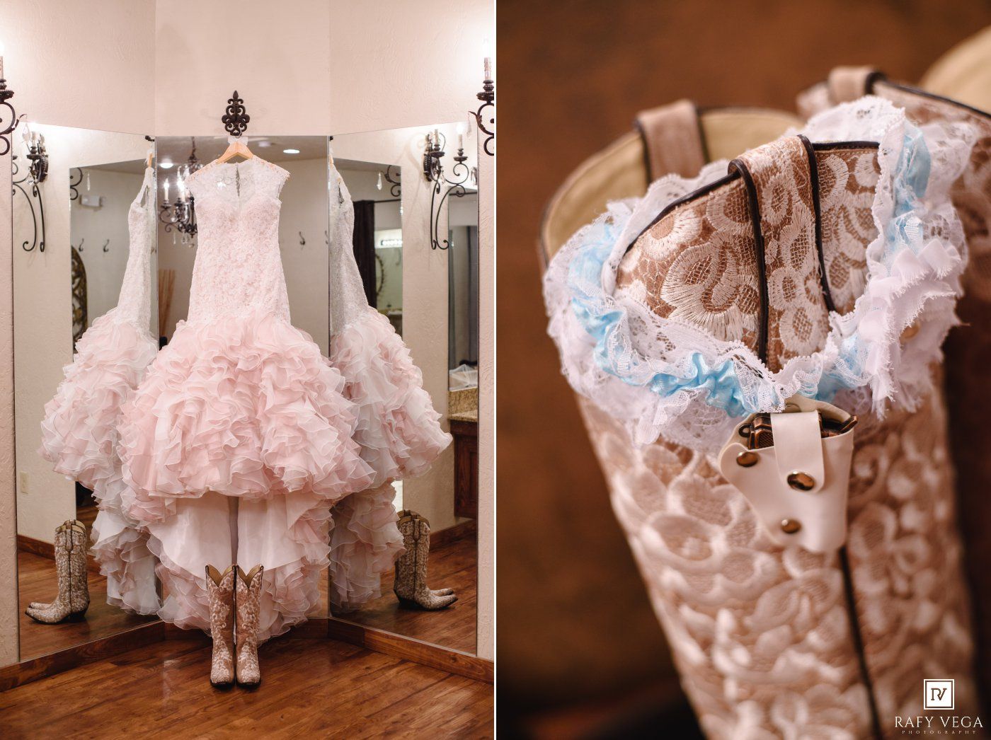 Pink ruffled wedding dress hanging in dressing room beside cowboy boots with blue lace detail.