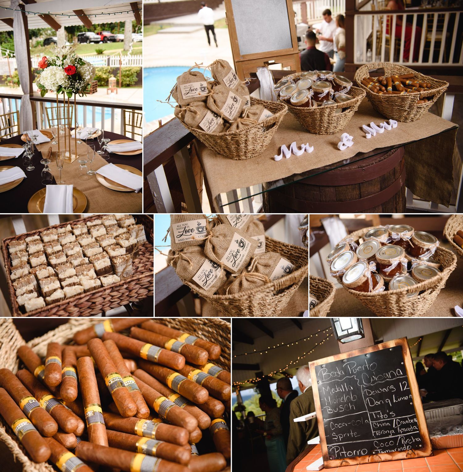 Wedding reception display featuring wicker baskets with favors, cigars, and a chalkboard menu sign outdoors.