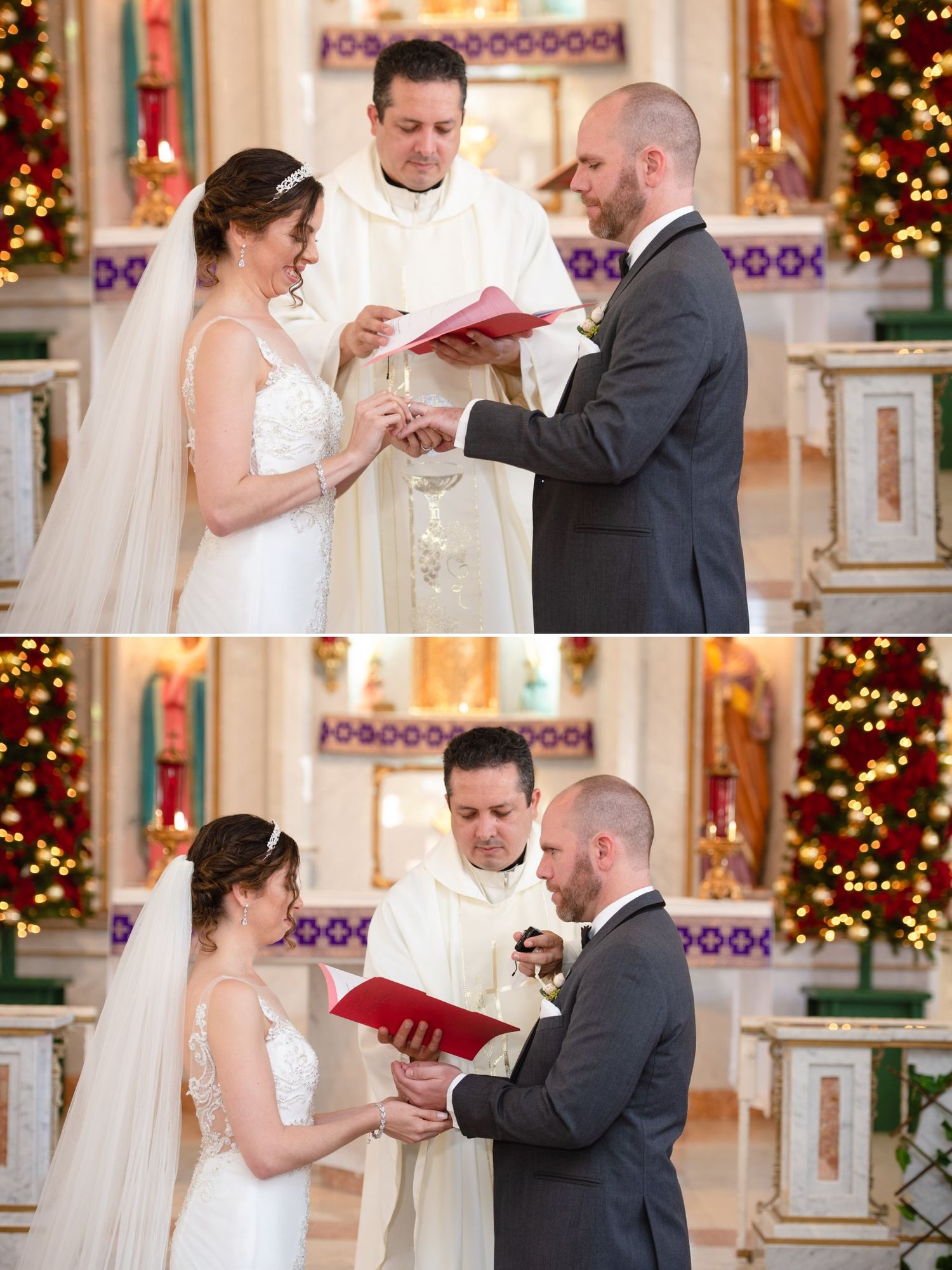 Bride and groom exchange rings during Catholic church wedding ceremony with Christmas trees in background.