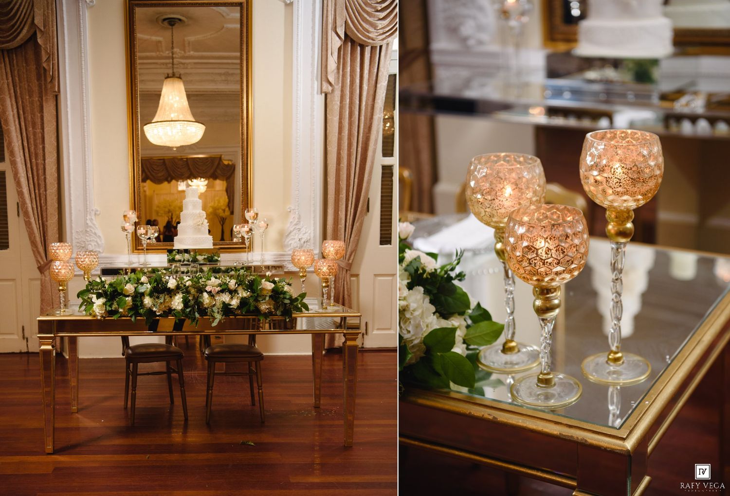 Elegant wedding sweetheart table with gold candelabras, floral arrangements, and ornate mirrored decor in a luxurious ballroom.