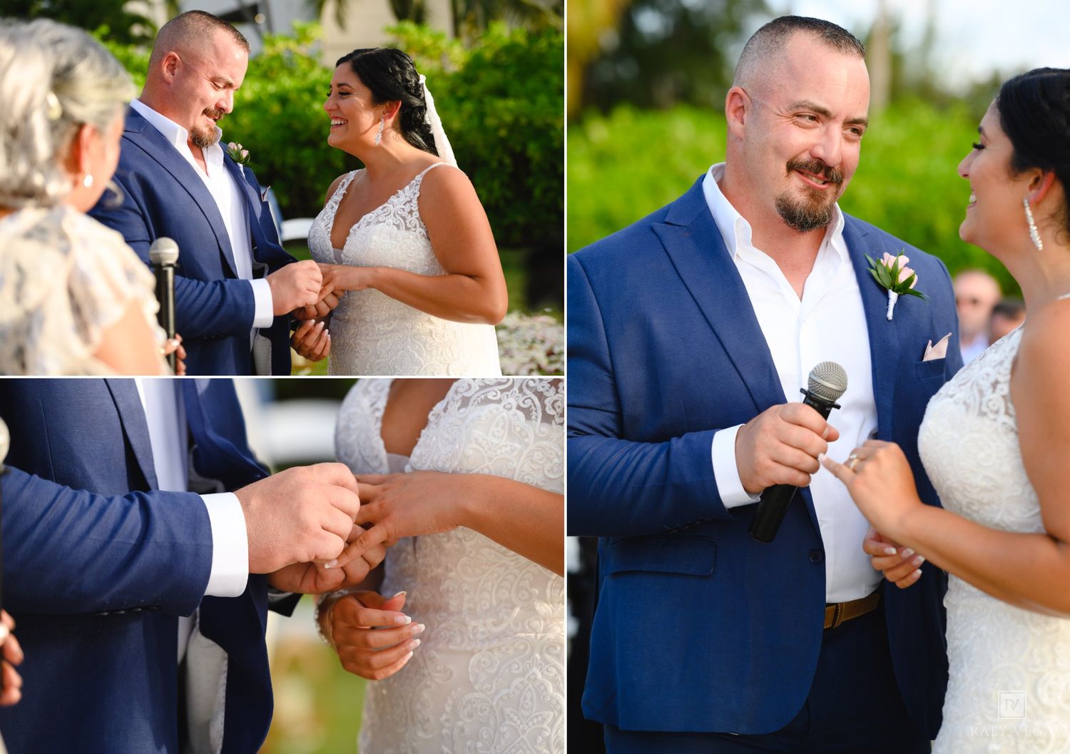 Groom in blue suit exchanges rings and reads vows to bride in white lace dress during outdoor wedding ceremony.