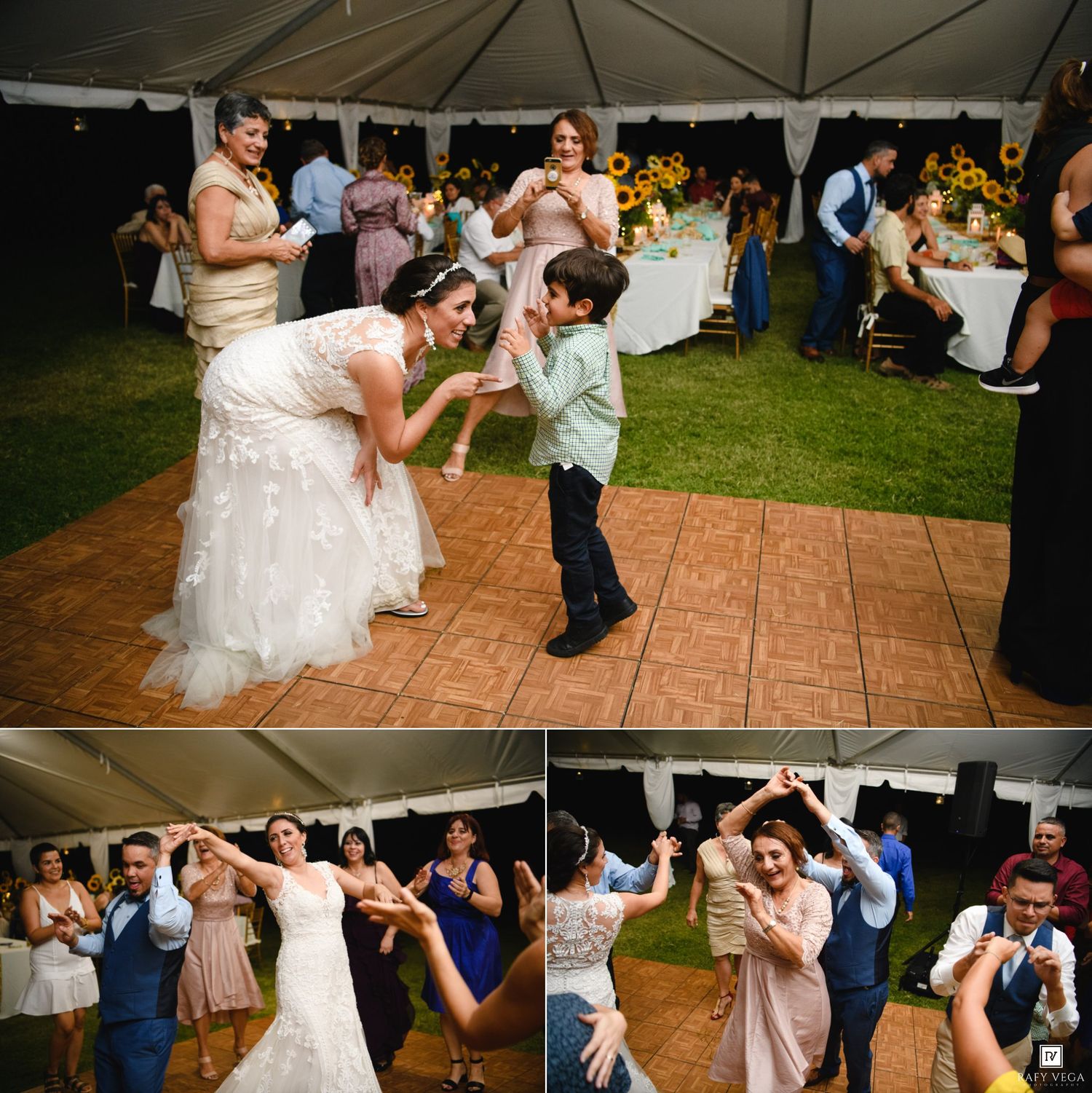 Bride dancing joyfully with a young boy in green at an outdoor wedding reception under a white tent.