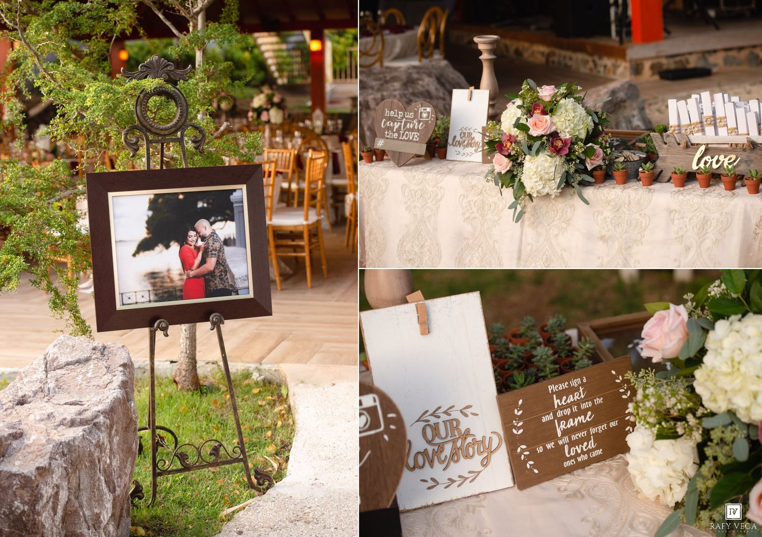 Rustic wedding reception decor featuring wooden signage, framed couple photo on easel, and floral arrangements with white blooms.