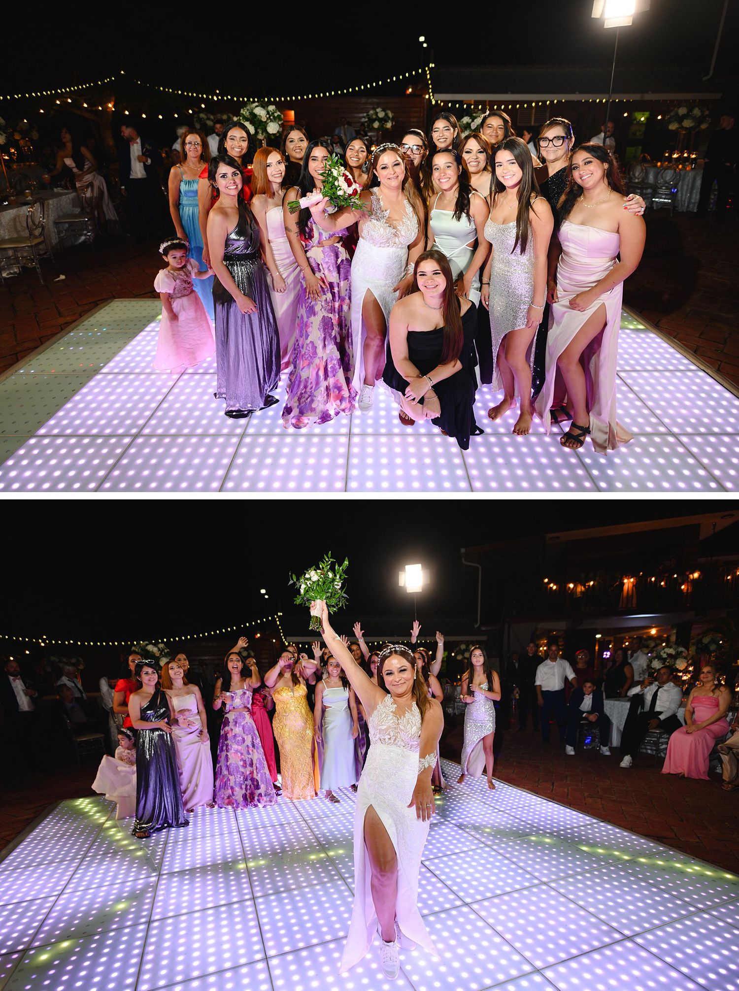 Bride tosses bouquet to group of elegantly dressed women on illuminated dance floor at outdoor wedding reception.