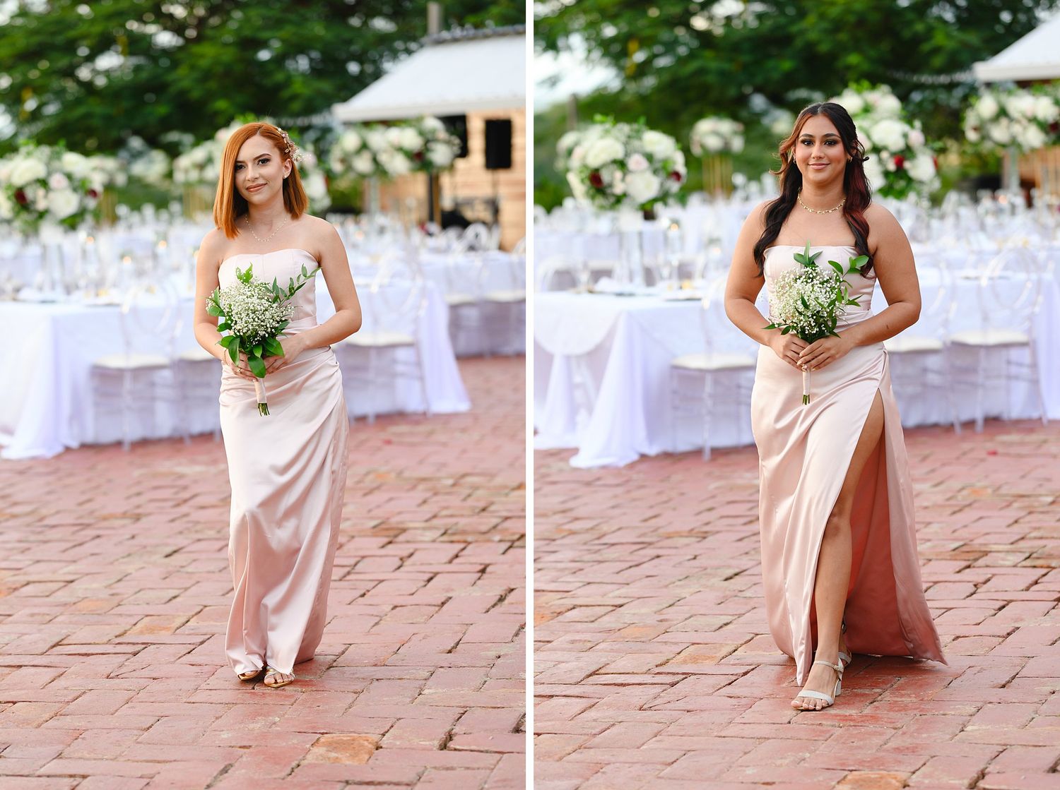 Bridesmaid in blush satin gown holding white bouquet at outdoor wedding venue with white floral decor.