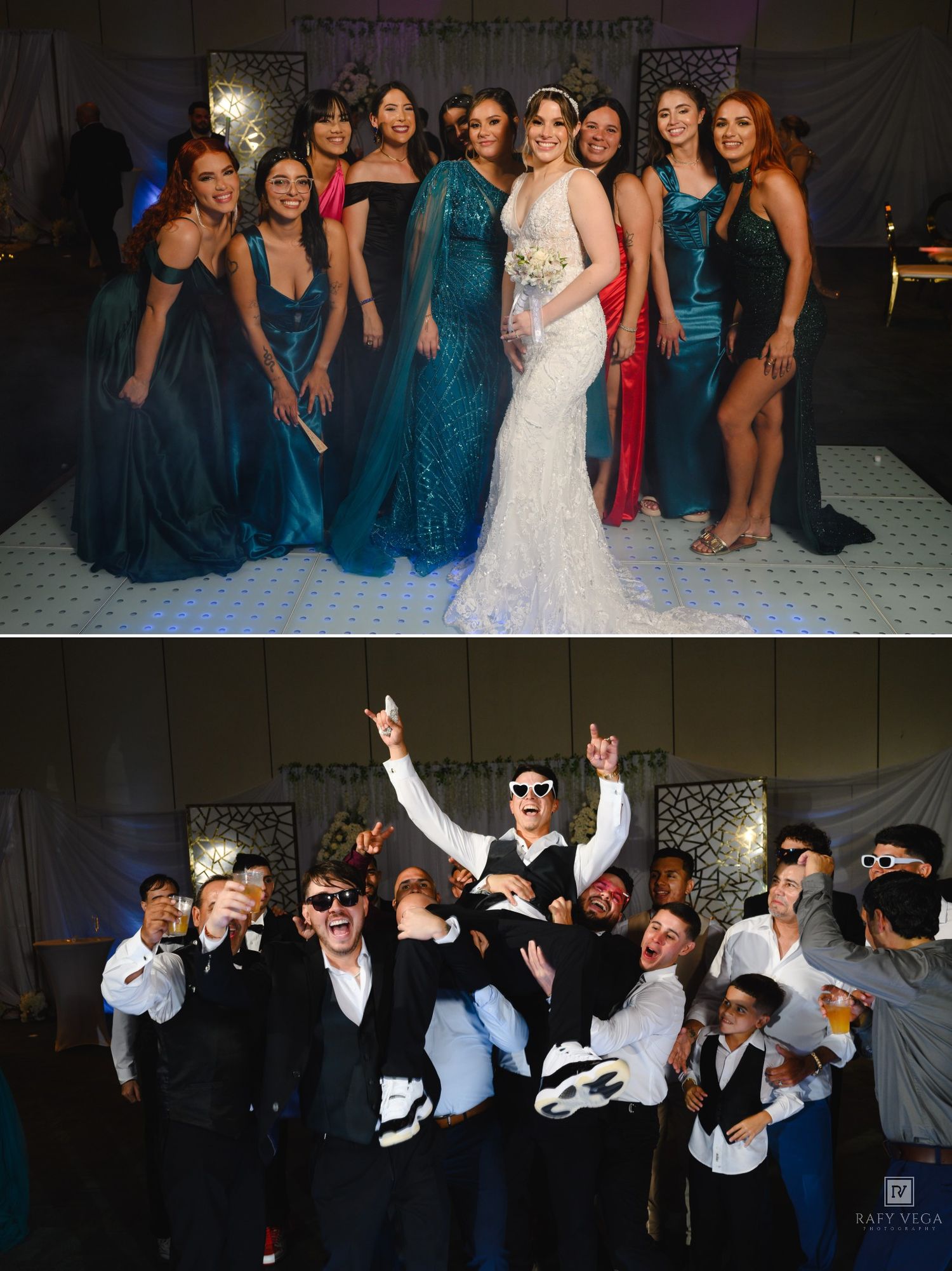 Bride in white gown poses with bridesmaids in teal dresses above groomsmen in black suits celebrating at a wedding reception.
