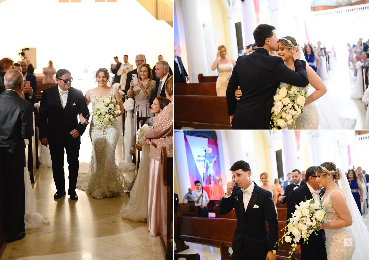 Bride walking down church aisle with escort, exchanging emotional moments with groom during wedding ceremony.