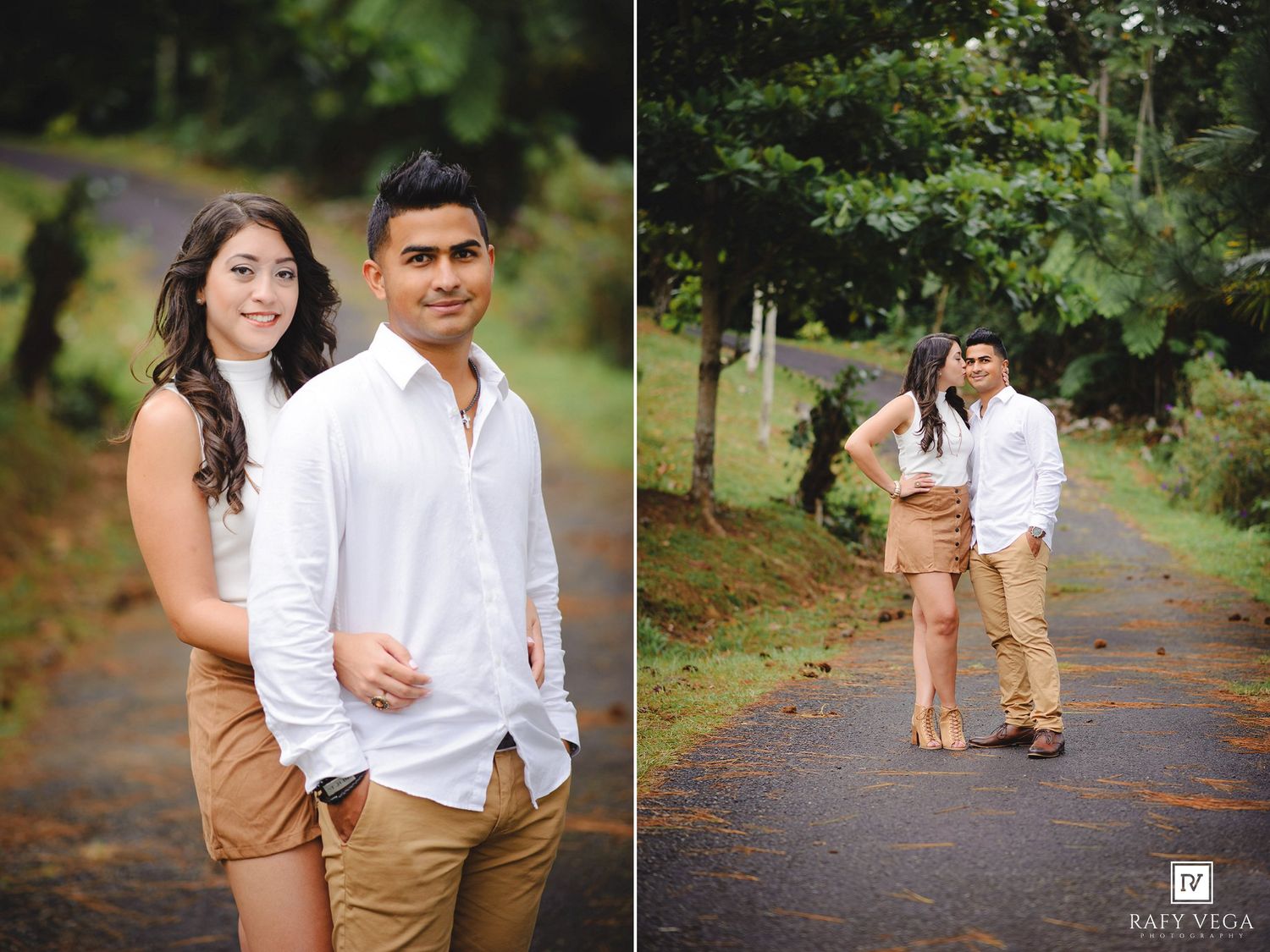 Couple poses on a lush green tree-lined path, wearing matching white shirts and tan bottoms in an outdoor engagement photo.