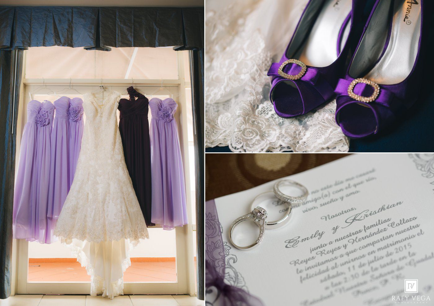 Wedding dress and purple bridesmaid gowns hanging, purple heels, rings, and elegant invitation displayed for bridal details.