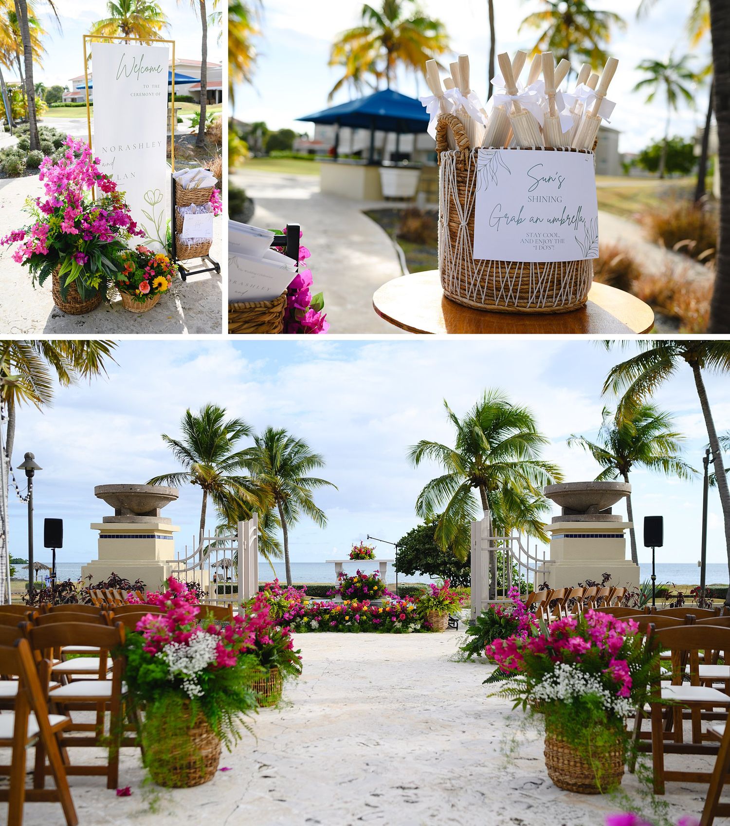 Tropical beach wedding ceremony setup with pink floral arrangements, palm trees, and elegant aisle decor at an oceanfront venue.