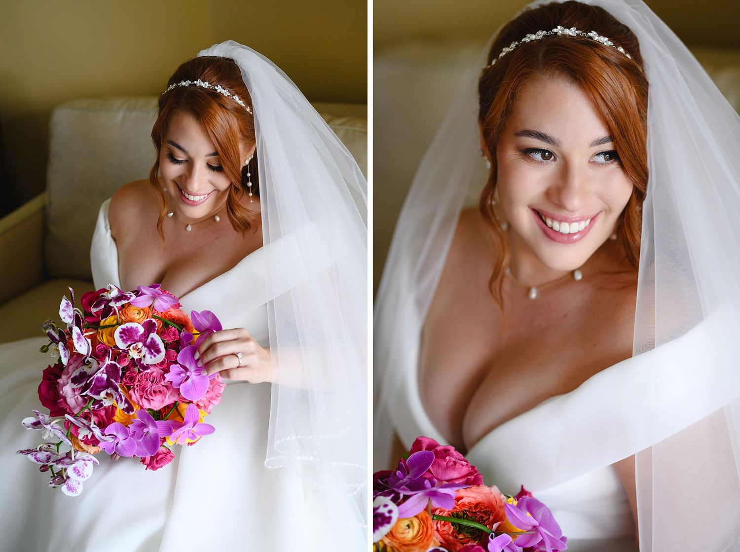 Smiling bride with red hair wearing a white wedding dress and veil, holding a vibrant pink and purple floral bouquet.
