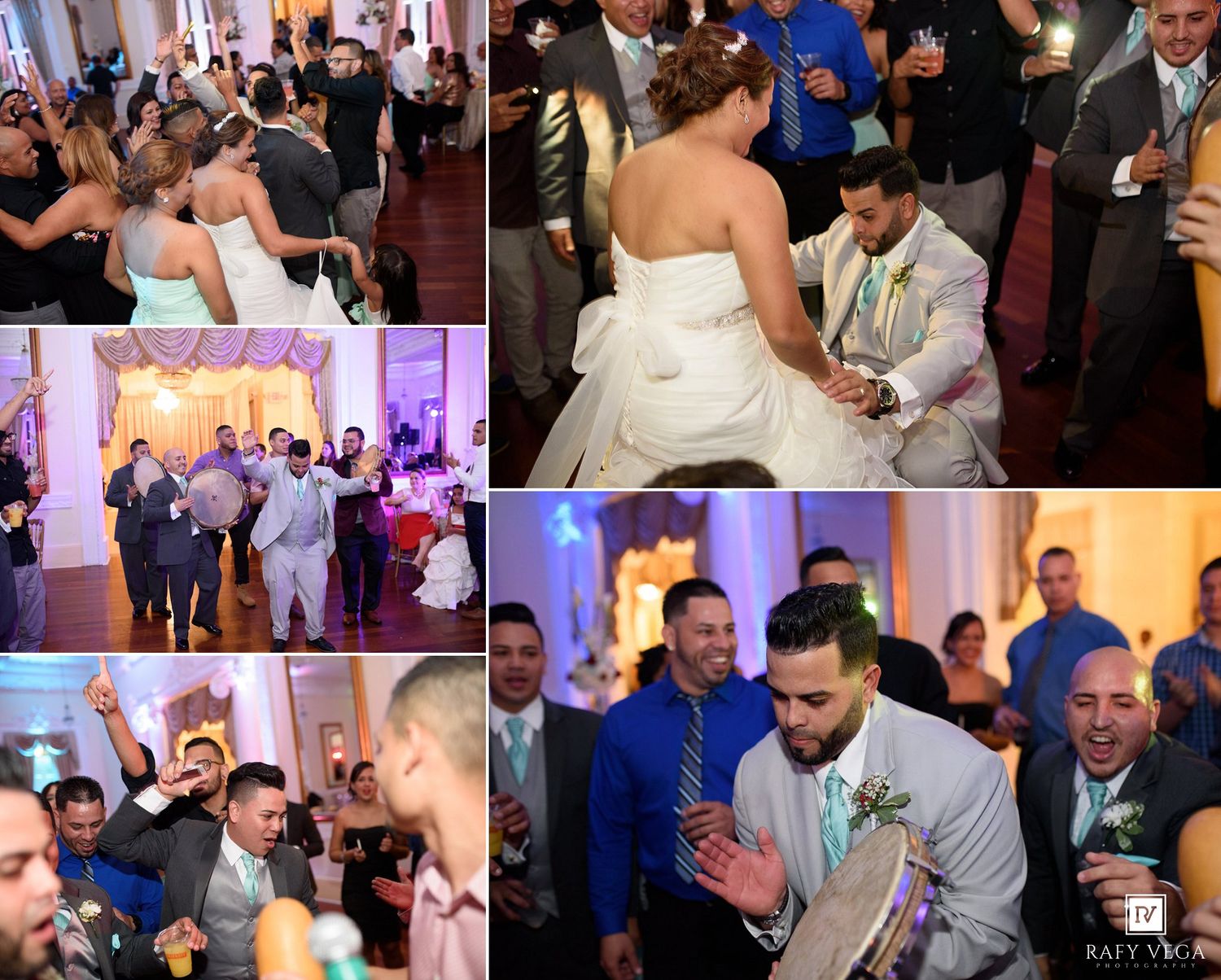 Wedding reception guests dancing and celebrating with the bride and groom in an elegant banquet hall.
