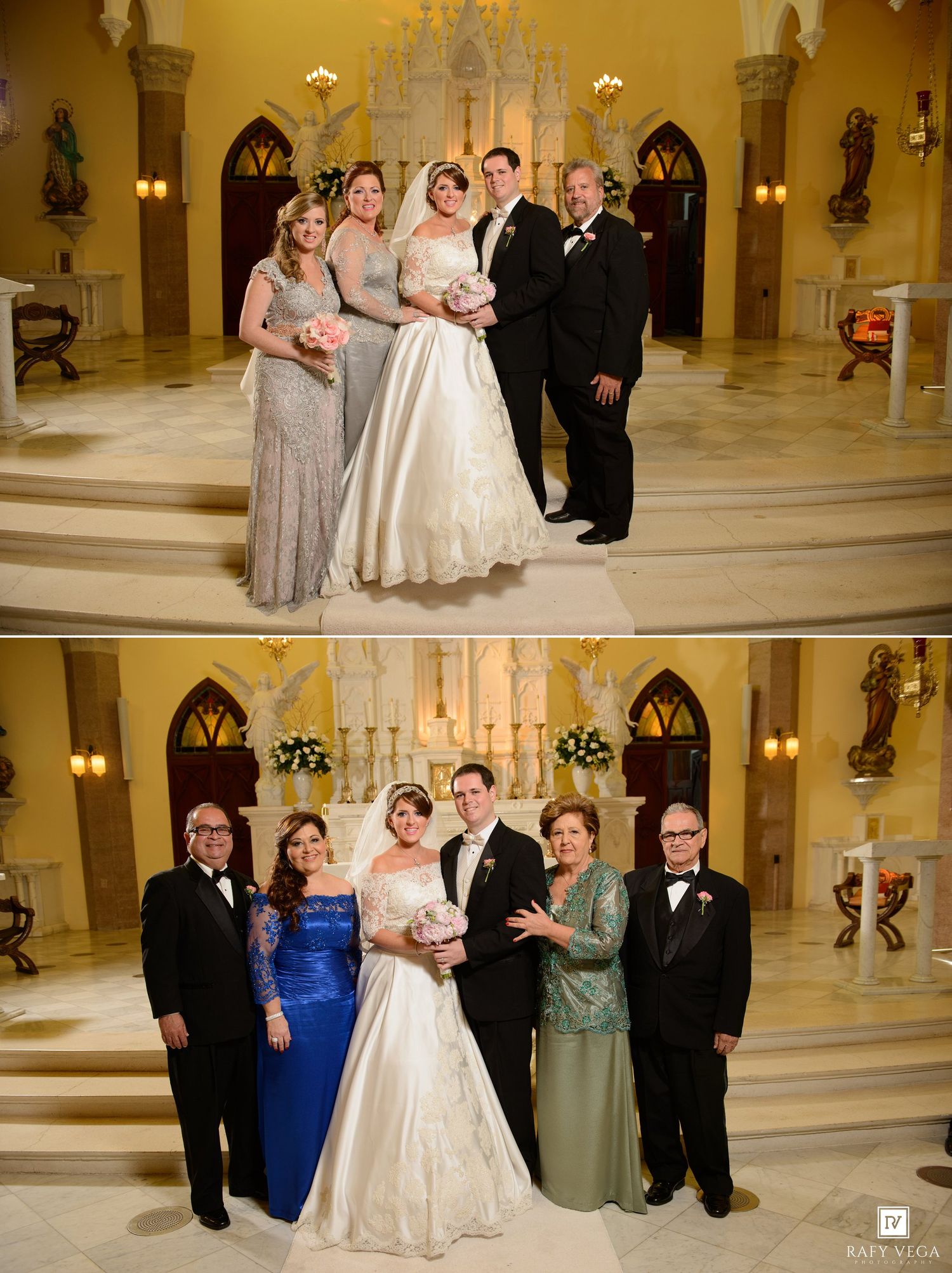 Wedding party poses in elegant church with bride in white gown, groom in tuxedo, and family members in formal attire.