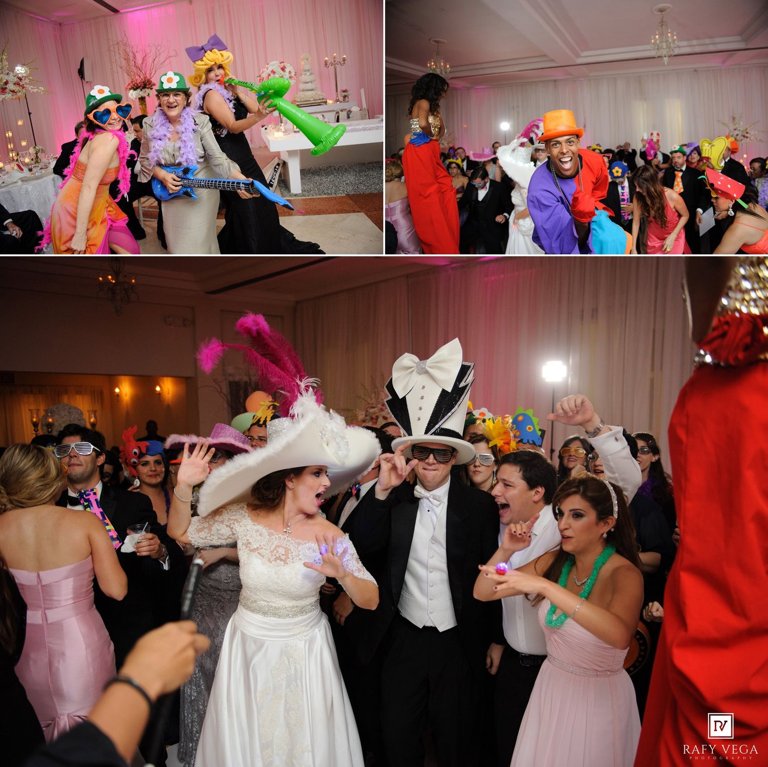 Wedding guests dance and celebrate in colorful feathered hats and masquerade masks at a festive reception party.
