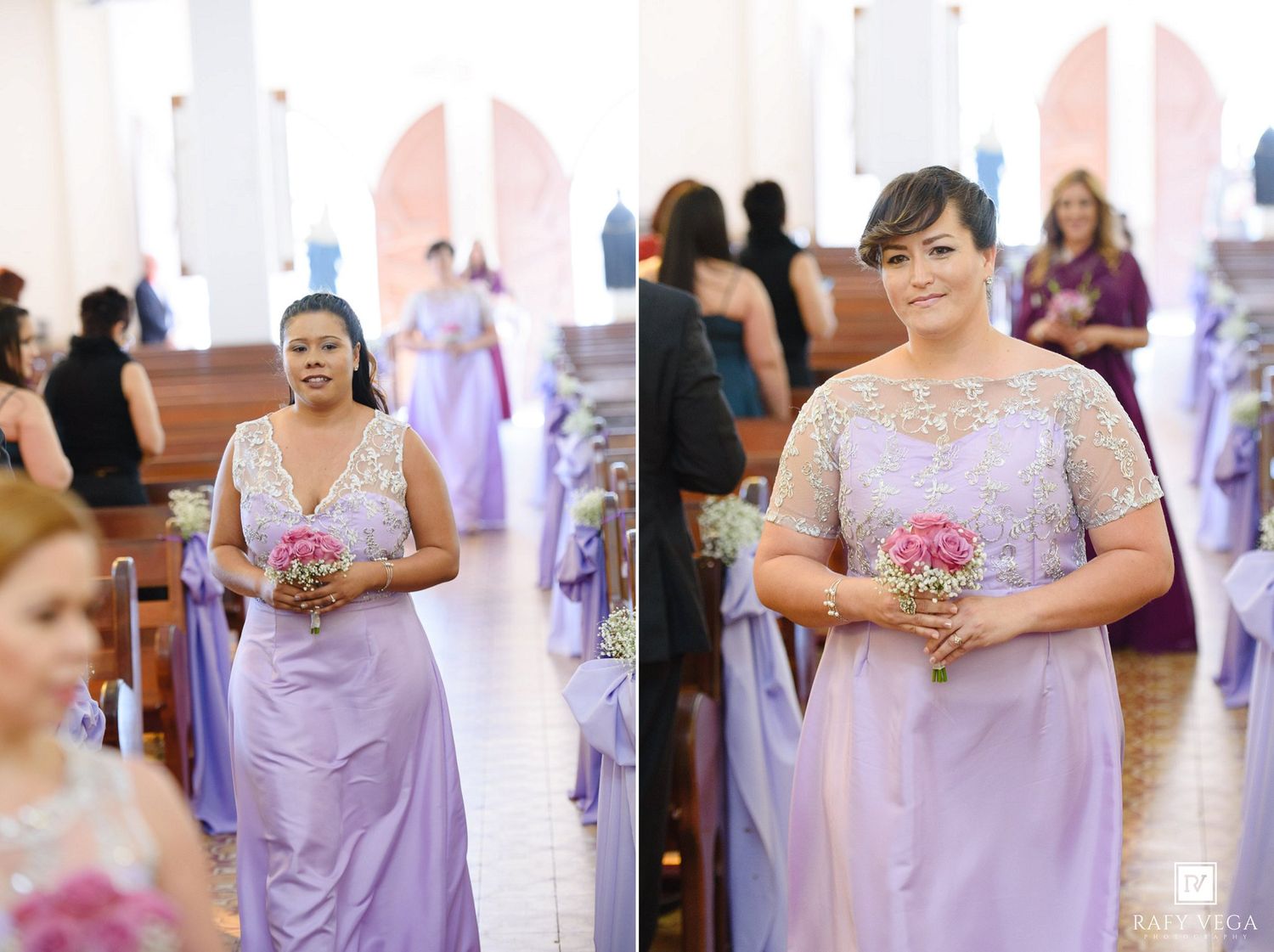 Bridesmaid in lavender lace gown carries pink bouquet while walking down church aisle at wedding.