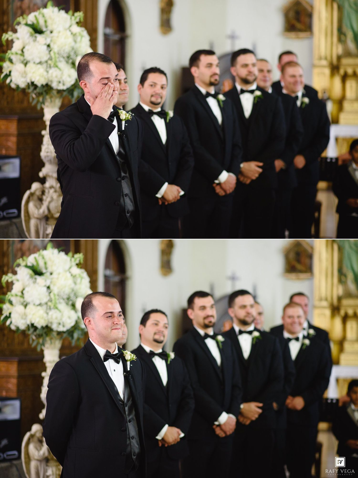 Emotional groom wipes tears as he sees his bride for the first time, standing with groomsmen in tuxedos at church altar.