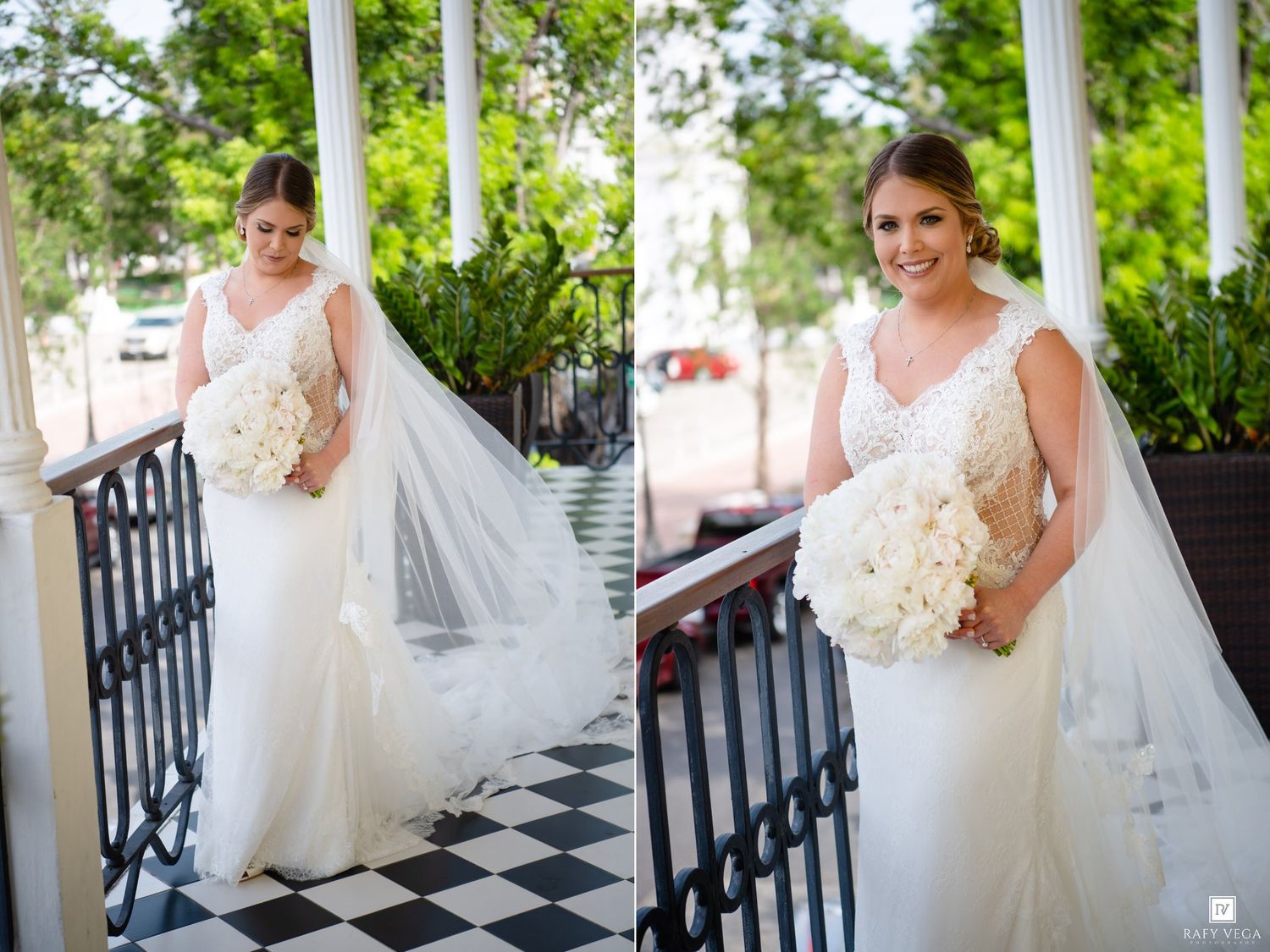 Elegant bride in white lace gown holding bouquet on checkered floor porch with flowing veil.