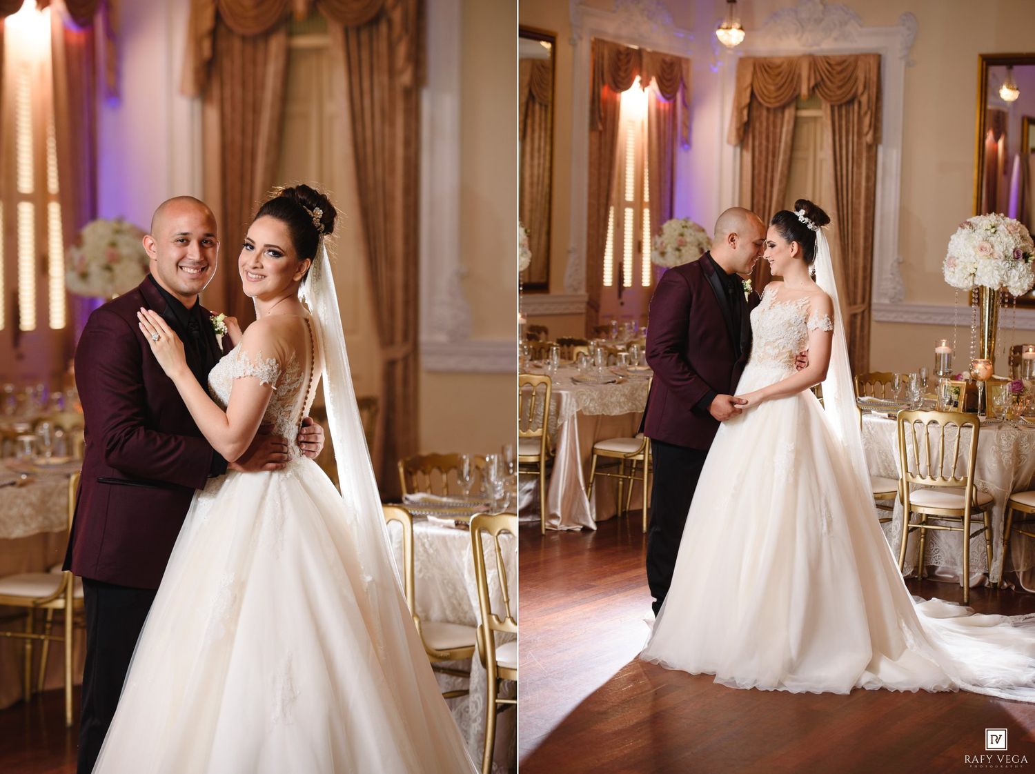 Elegant bride in white ball gown and groom in burgundy tuxedo pose together in a luxurious gold wedding reception hall.