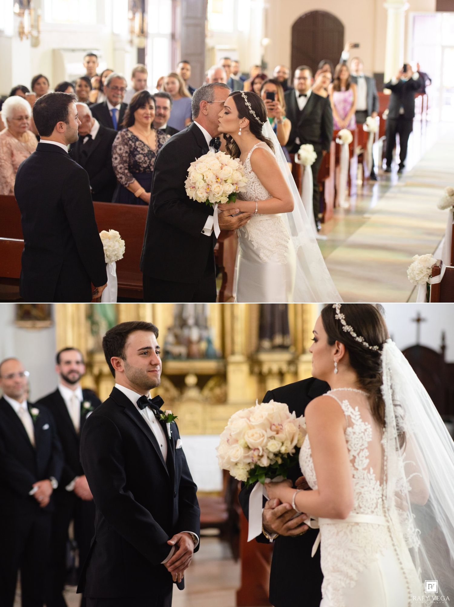 Bride and groom share a tender moment during their elegant church wedding ceremony, with guests watching from wooden pews.