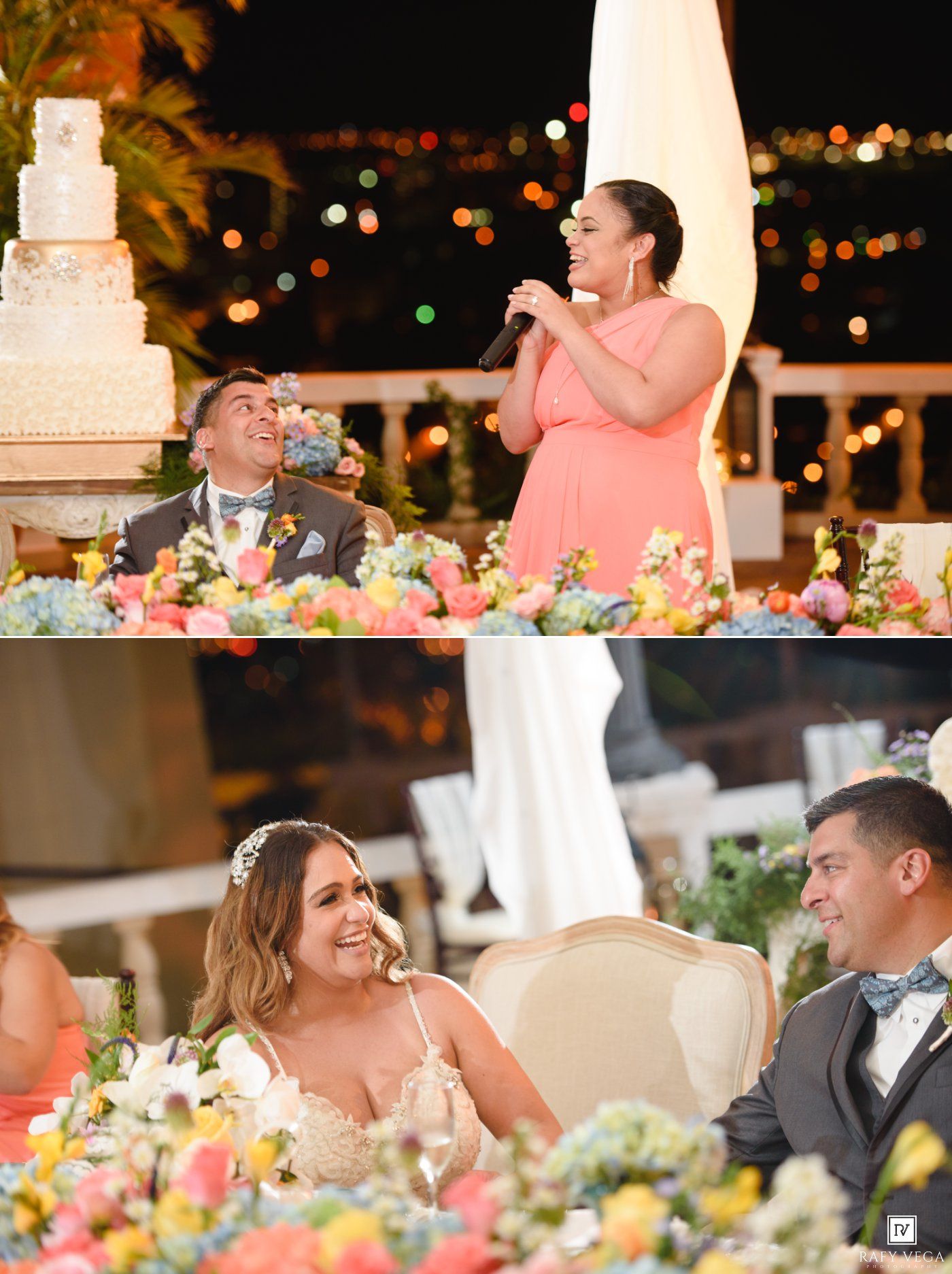 A bridesmaid in coral gives a toast at an outdoor wedding reception with colorful floral centerpieces and a tiered cake.