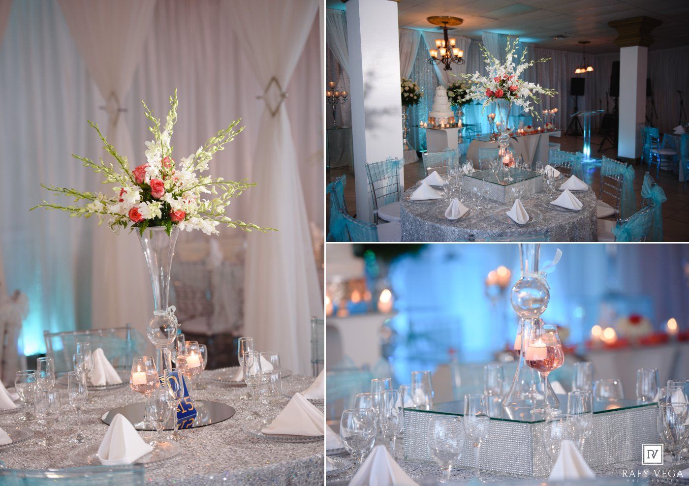 Elegant wedding reception tables with tall floral centerpieces, white linens, and blue ambient lighting.