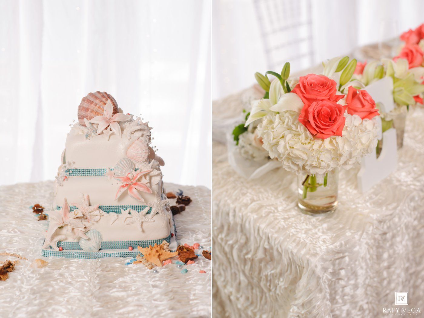 Beach-themed wedding cake with seashells and starfish beside a floral arrangement of coral roses and white hydrangeas.