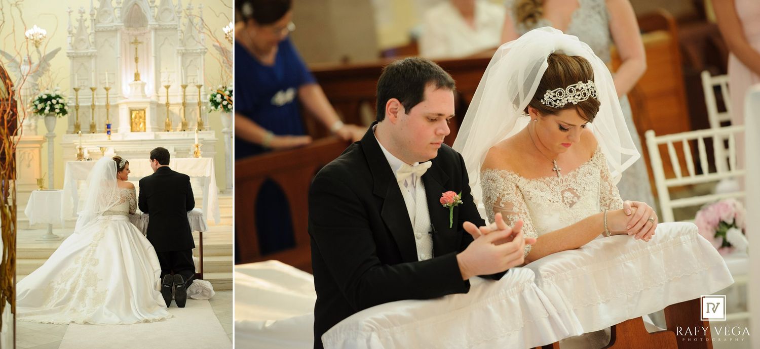 Bride and groom exchanging vows at elegant church wedding ceremony with white decor and floral arrangements.