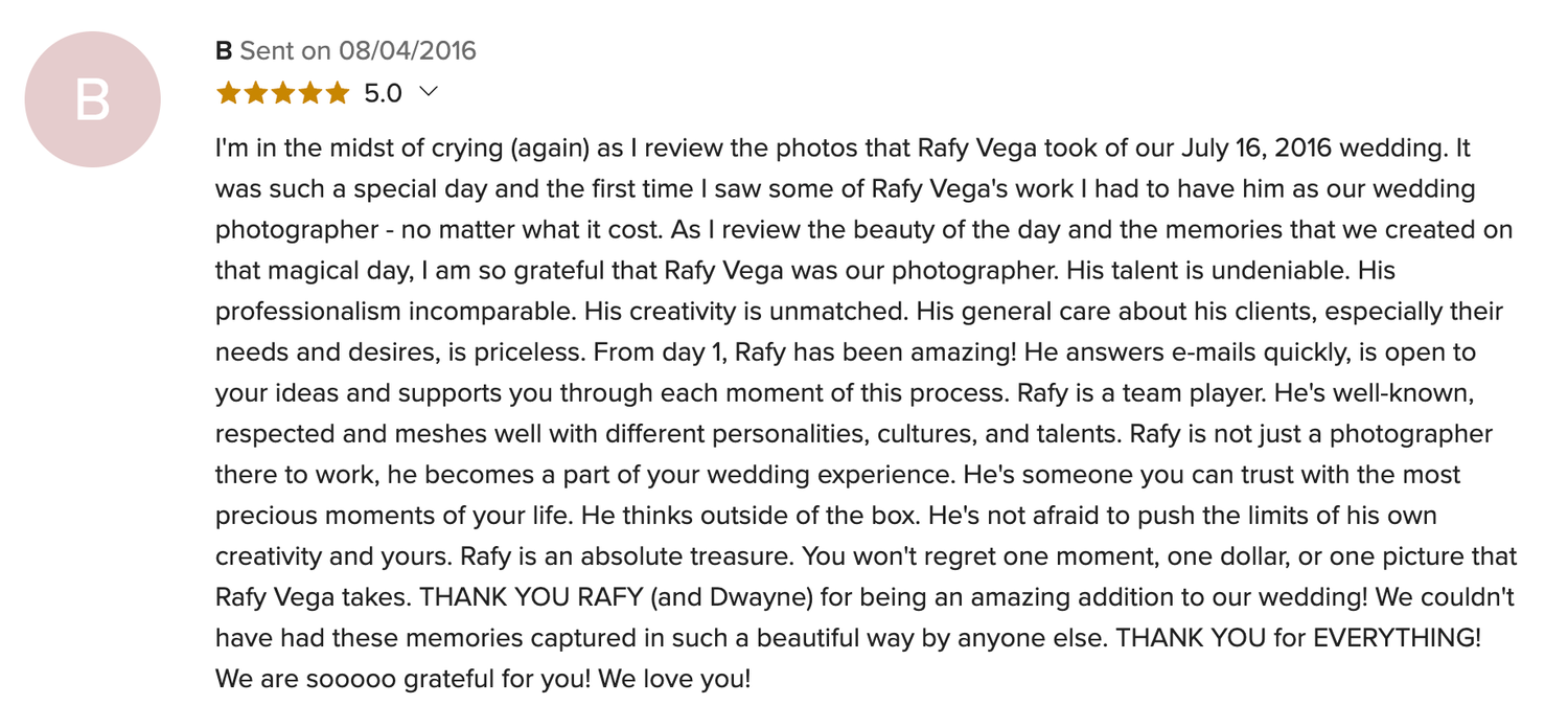Five-star wedding photography review praising Rafy Vega's professionalism, creativity, and exceptional service at a July 2016 wedding.