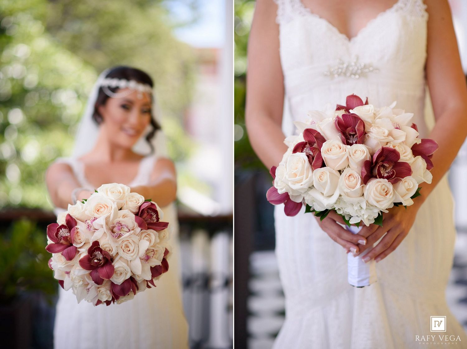 Bride in white lace gown holding elegant bouquet of cream roses and burgundy orchids on her wedding day.