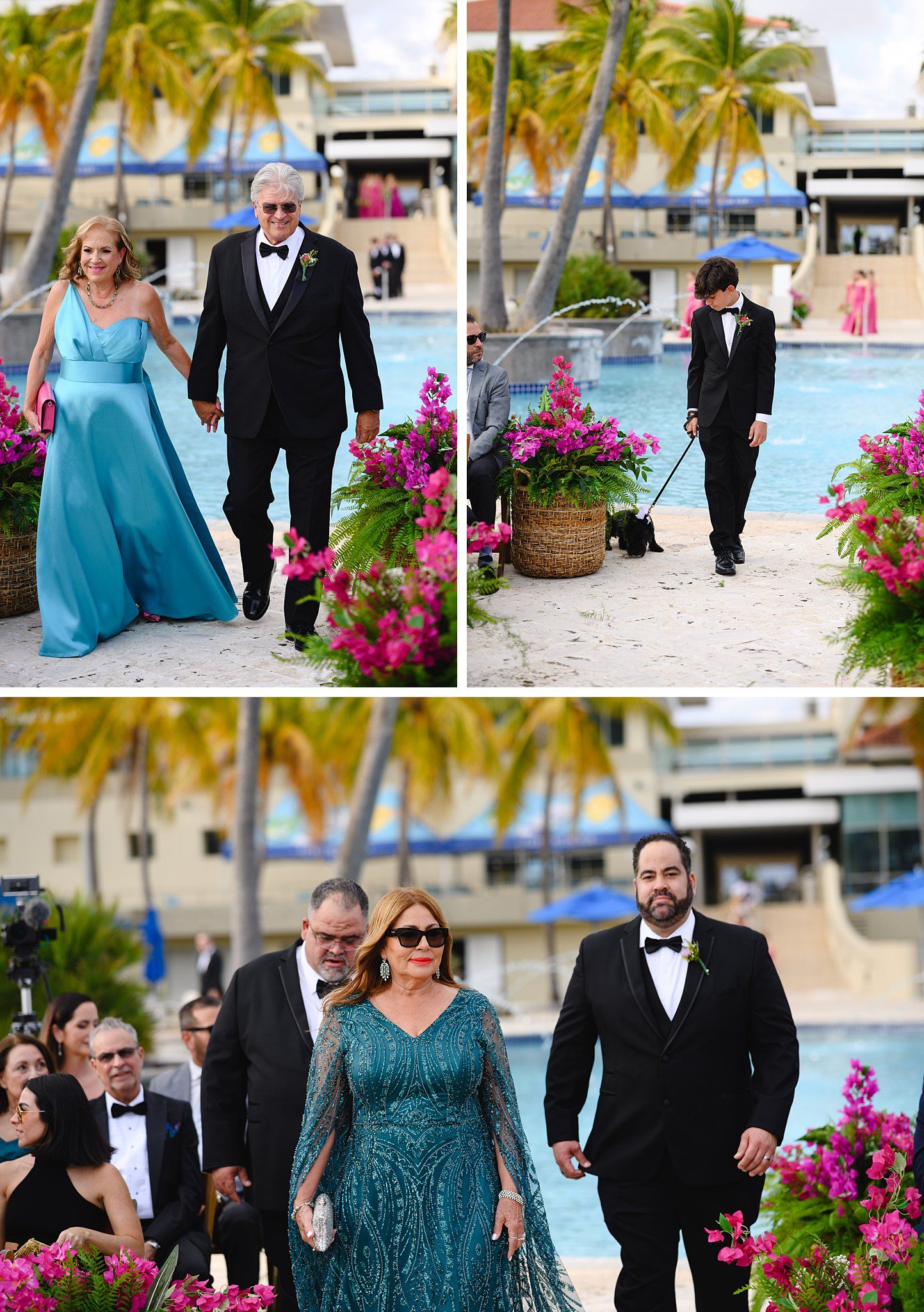 Elegant wedding processional by a tropical pool with guests in formal attire including teal and green gowns amid pink flowers.