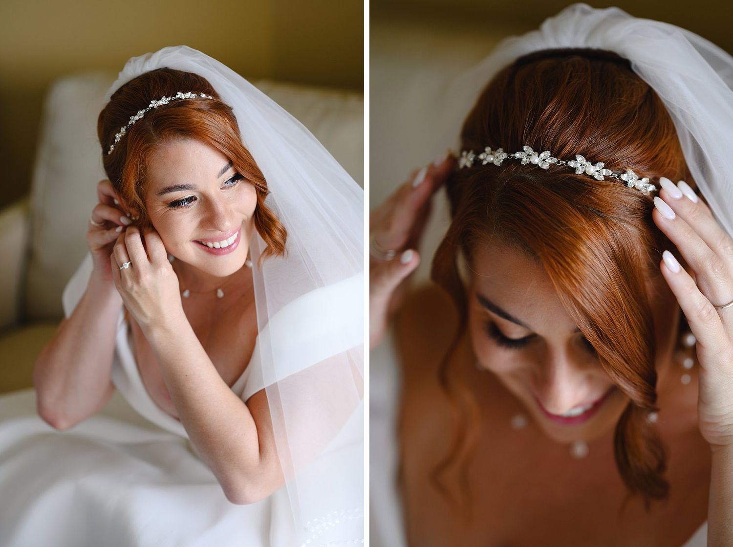 A radiant bride with auburn hair adjusts her earring and floral headpiece while wearing a white wedding veil.