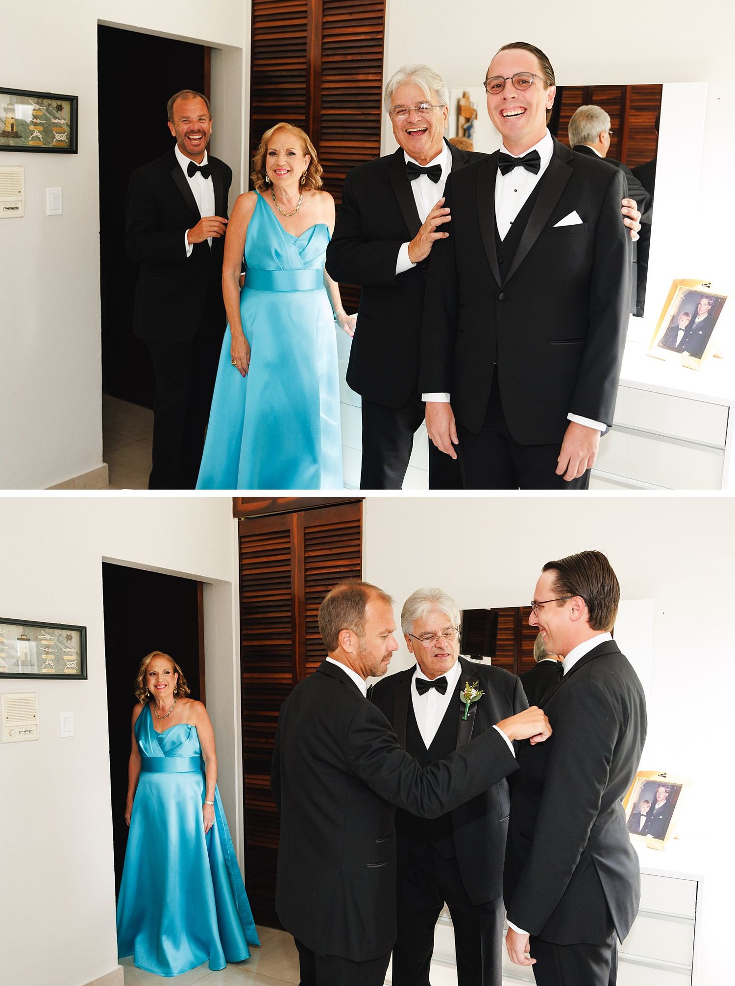 Elegant wedding party in formal attire, men in tuxedos and woman in turquoise gown, posing and adjusting boutonnieres indoors.