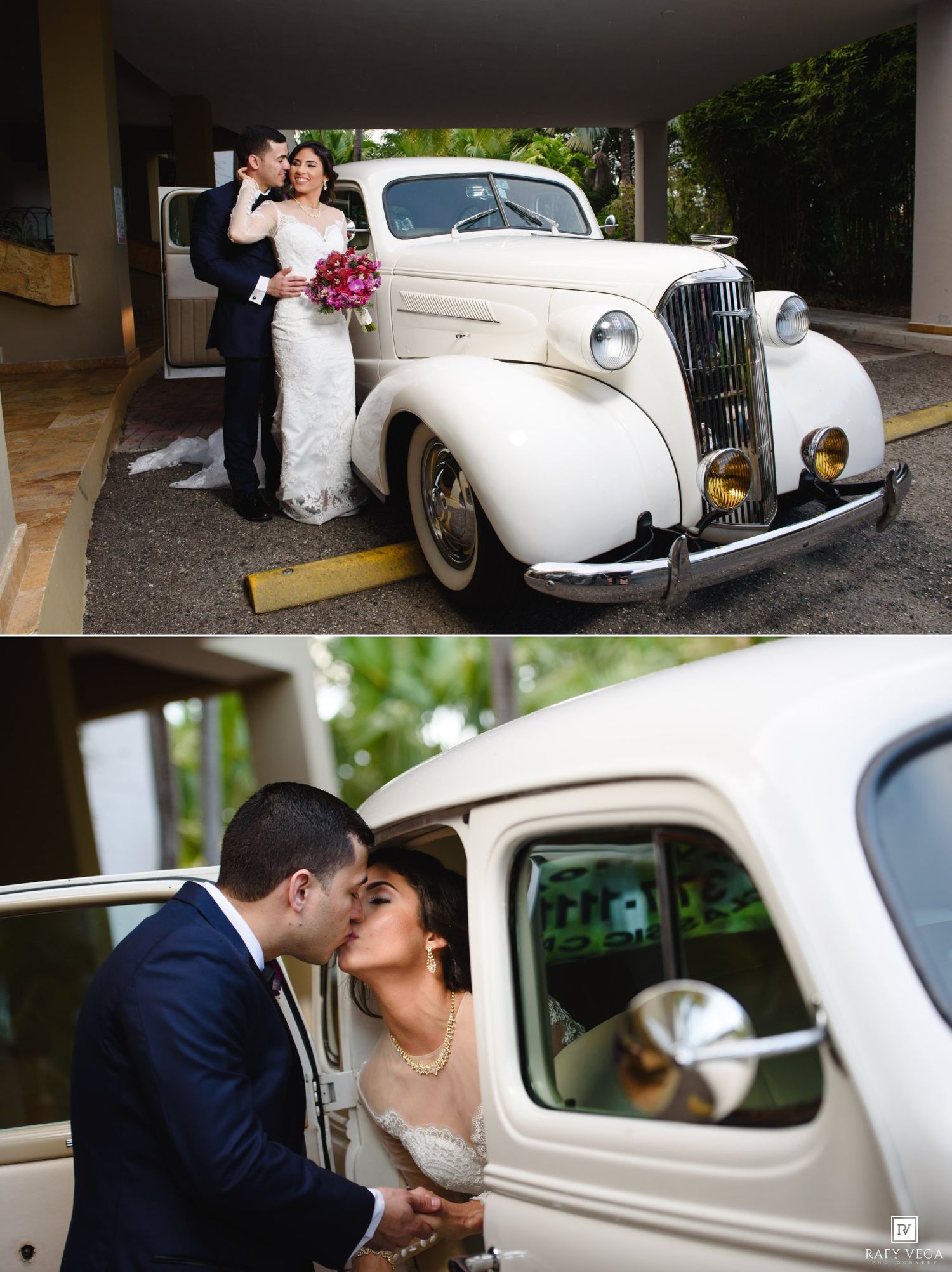 Bride and groom pose beside a classic white vintage car on their wedding day, sharing a romantic kiss near the window.