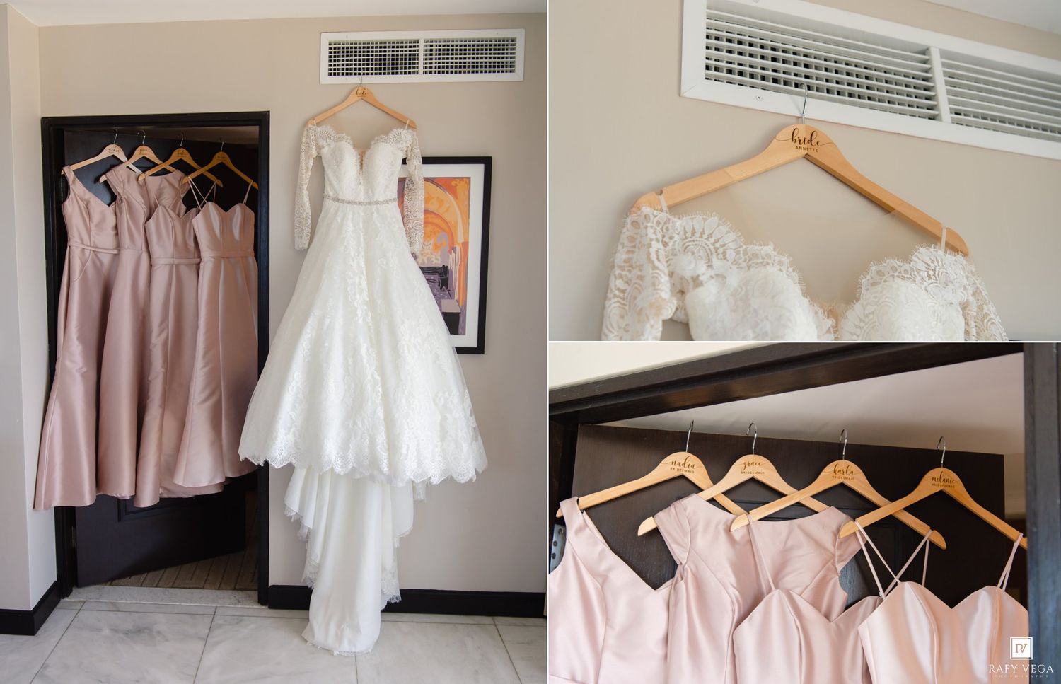 White wedding gown and blush pink bridesmaid dresses hanging in a hotel room closet on wooden hangers.