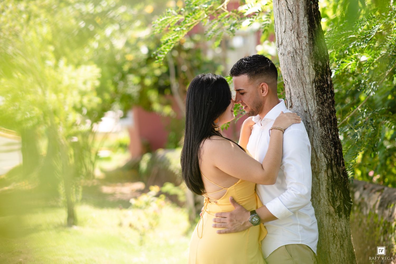 Couple embracing and almost kissing by a tree in a lush green garden, woman in yellow dress, man in white shirt.