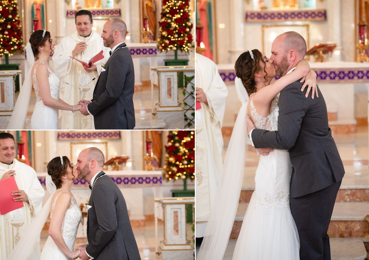 Bride and groom exchange vows and share first kiss at elegant church wedding ceremony decorated for Christmas.