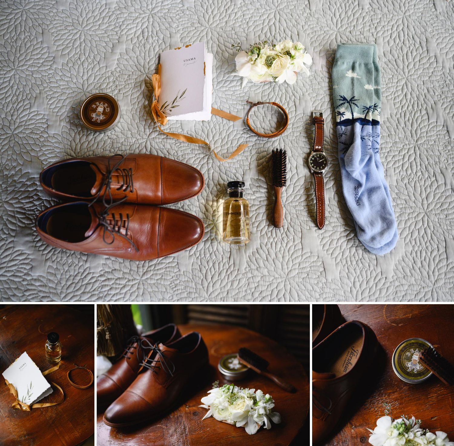 Brown leather dress shoes, compass, watch, boutonniere, cologne, and accessories flat lay on white fabric for a groom.