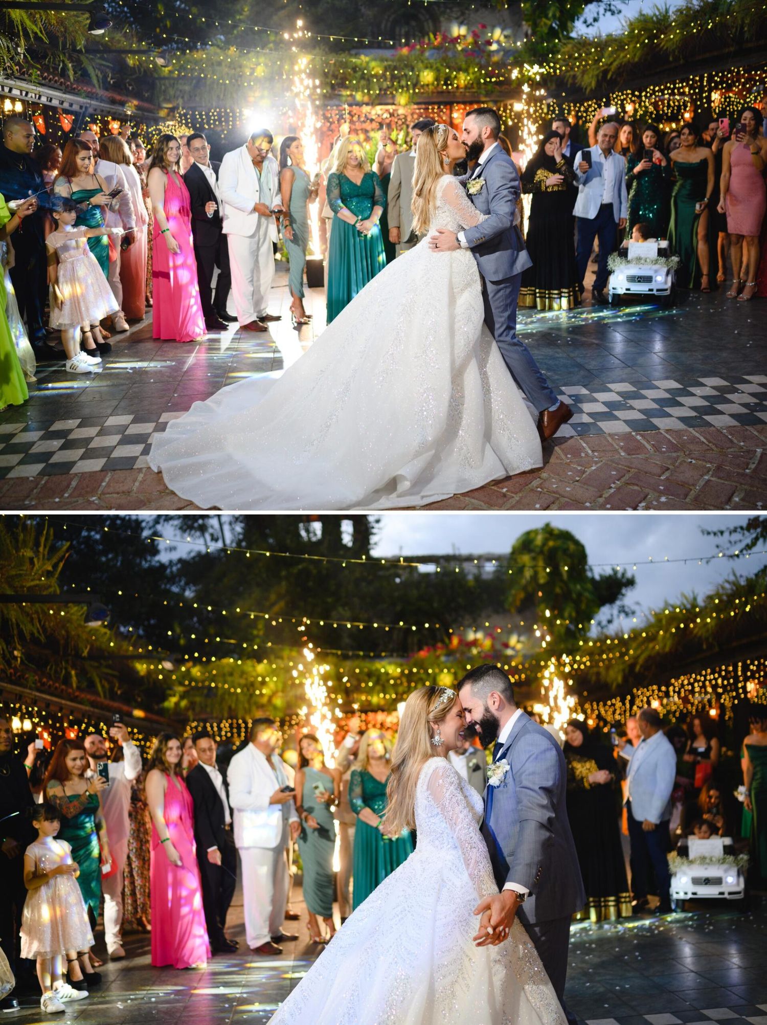 Bride and groom share first dance surrounded by guests and sparkling lights at outdoor wedding reception.