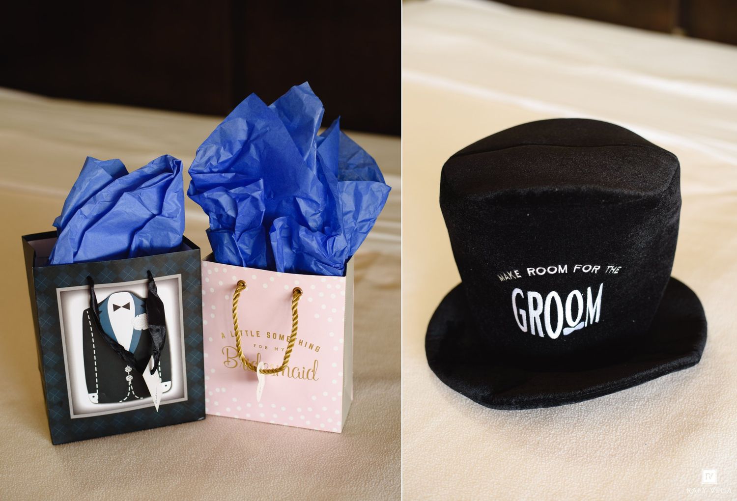 Groom gift bag with blue tissue paper and a mini black top hat reading Make Room for the Groom.
