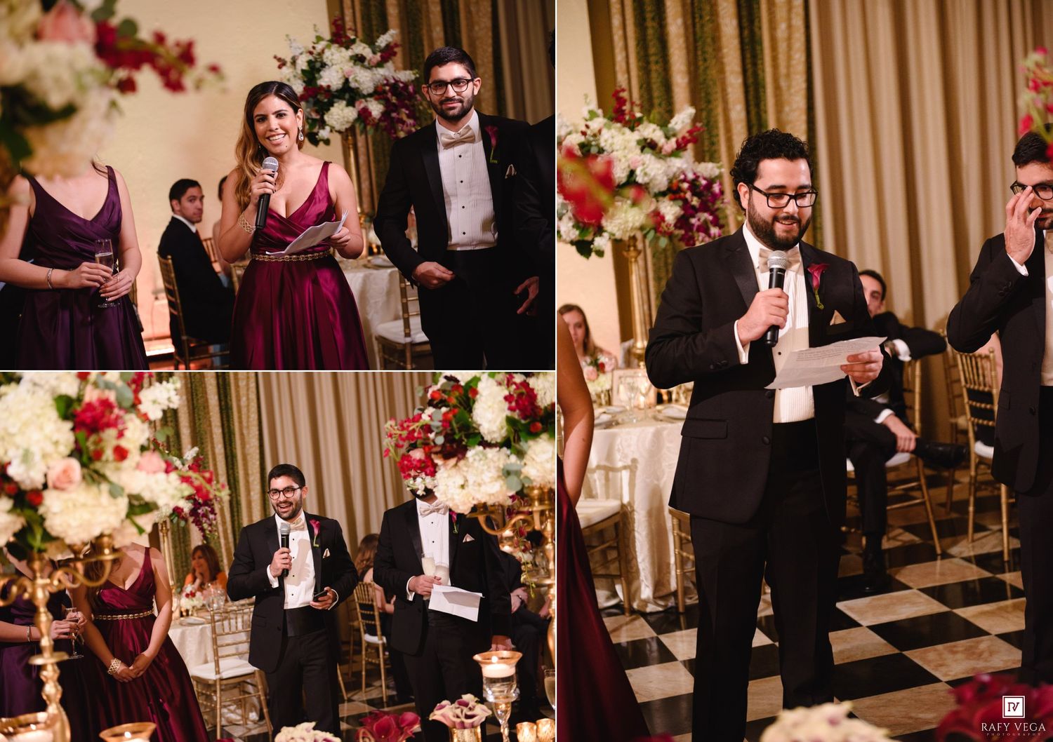 Man in tuxedo gives wedding toast at elegant reception with floral arrangements while woman in burgundy gown smiles nearby.