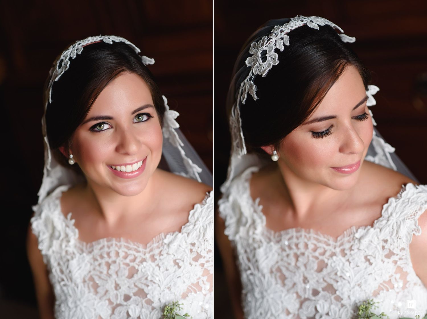 Smiling bride in lace wedding dress and floral veil headpiece, dual portrait showing front and side views.